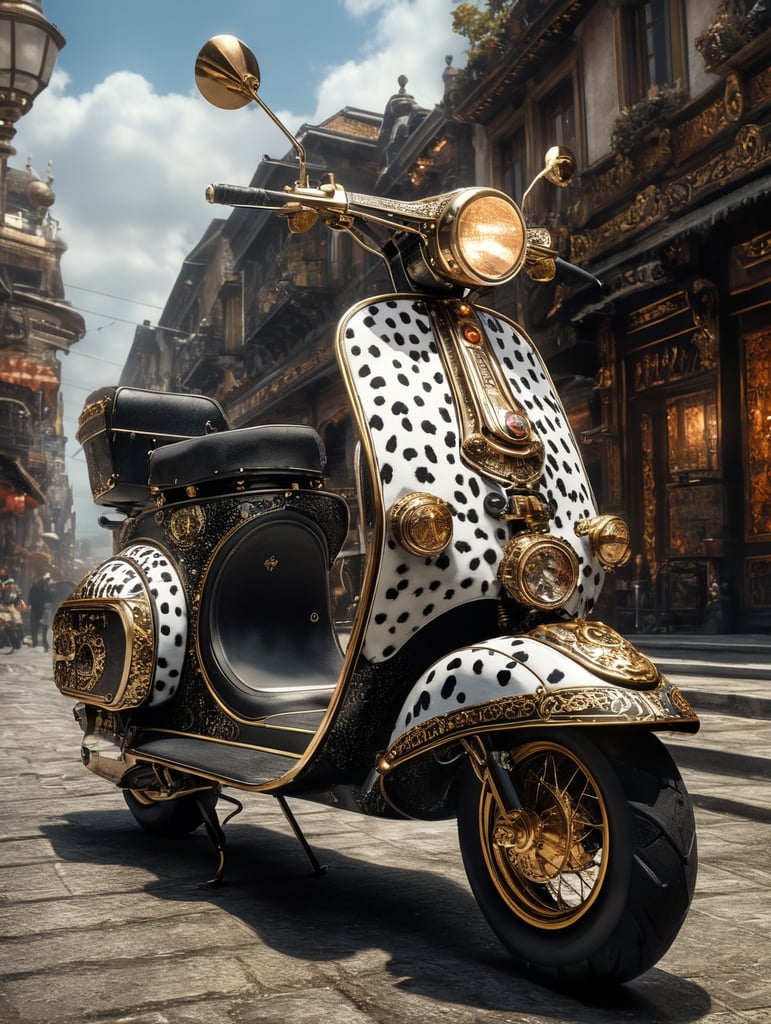 A stunning interpretation of vintage extreme scooter, covered in white and black Dalmatian fur, advertsiement, steampunk, highly detailed and intricate, hypermaximalist, gold ornate