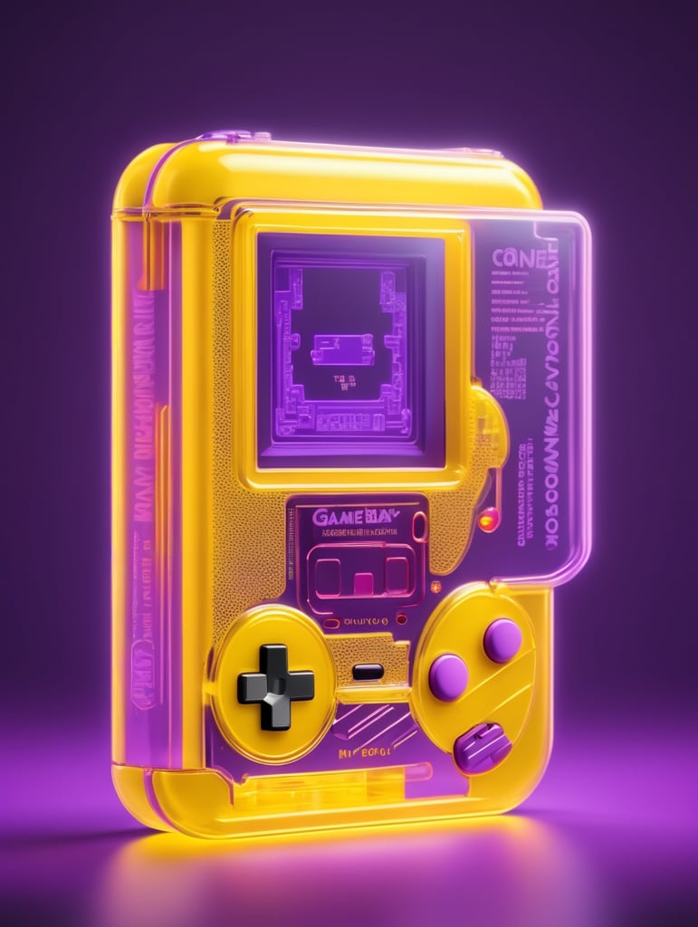 3d render retro tiny cute yellow game boy translucent plastic case, neon light, purple background