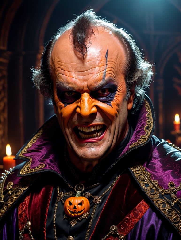 Jack Nicholson as Drakula wearing spooky Halloween costume, Vivid saturated colors, Contrast color