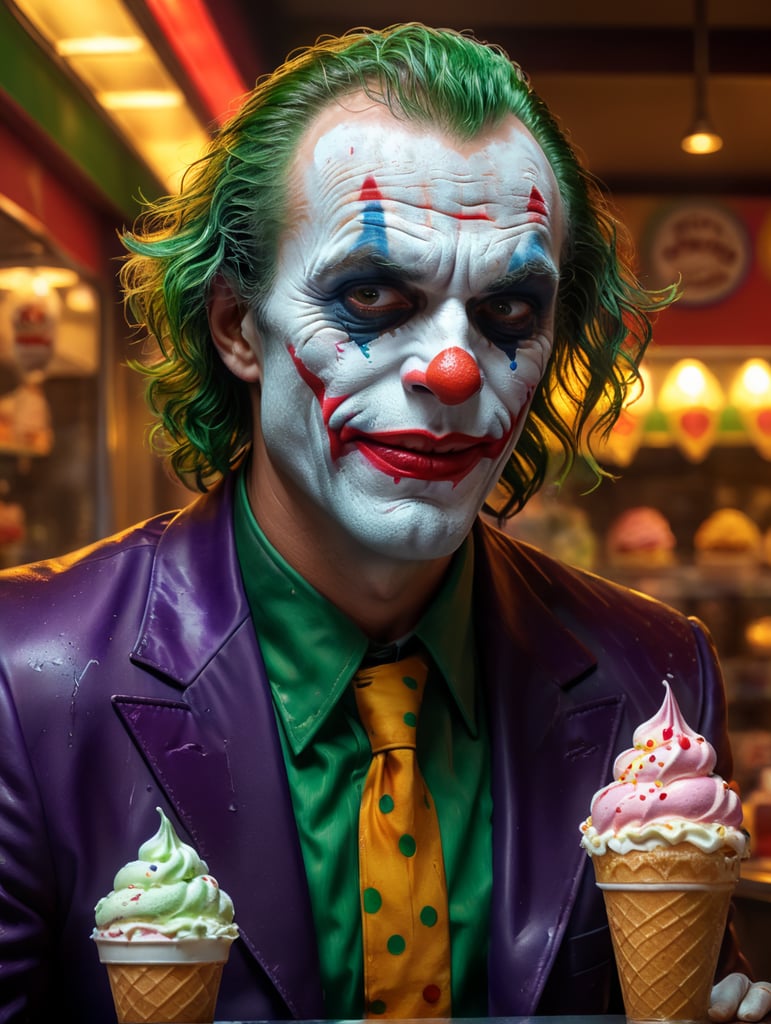 A portrait of the sad joker looking sad in an ice cream shop, in the style of a cartoon, bright and saturated colors, depth of field