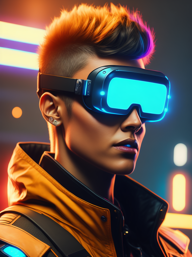 Women wearing virtual reality glasses, cyberpunk style, neon colors, bright colors, bright blue glowing glasses, sharp details, contrasting light