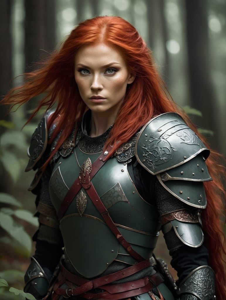Valkirya warrior red hair in a dark forest