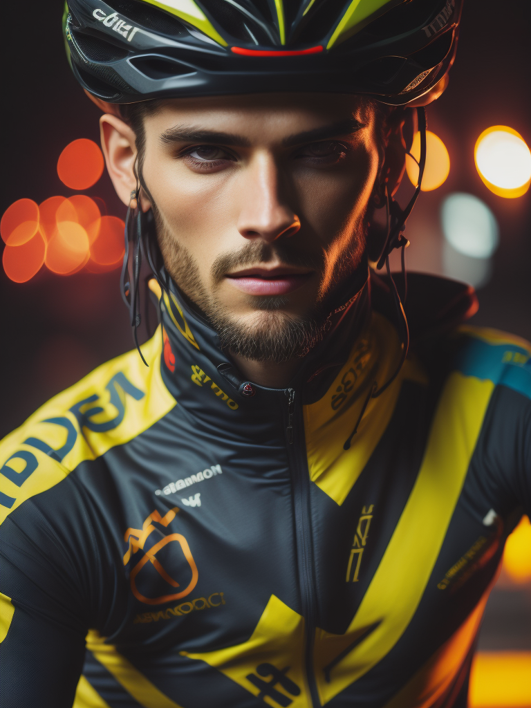 Portrait of a cyclist, bright and saturated colors, highly detailed, fashion magazine, sharp focus, Dramatic Lighting, Depth of field, Incredibly high detailed, blurred background