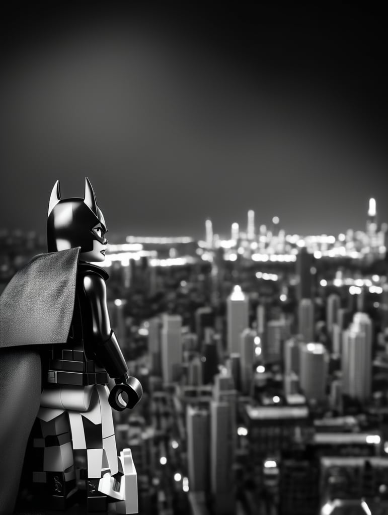 Lego bad girl looking over the city that looks real black and white Batgirl facing the city so we can’t see her face