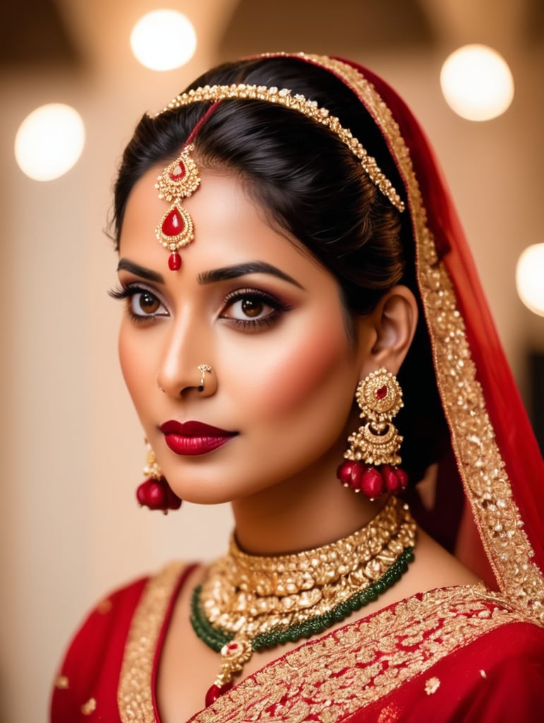 JBangladeshi bride, minimalist jewellery, red traditional bengali gown,nose ring,heavy earrings,updo hair