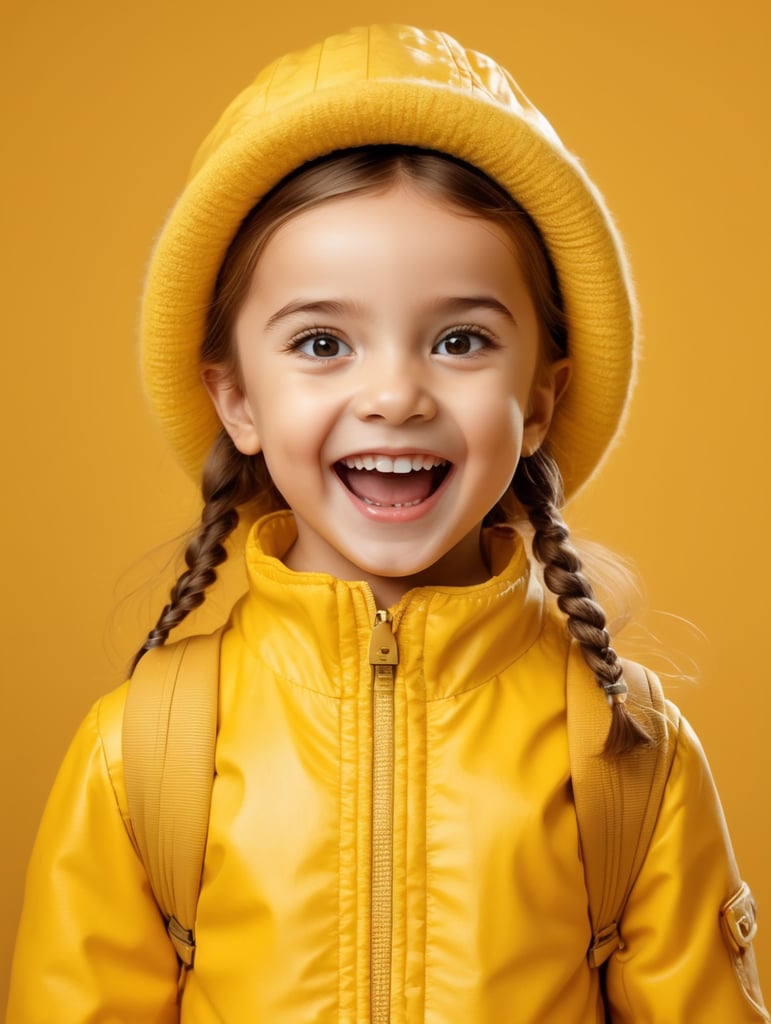 photo happy little girl going to travel, cute girl, dressed in all yellow, yellow background, harpers bizarre, cover, headshot, hyper realistic