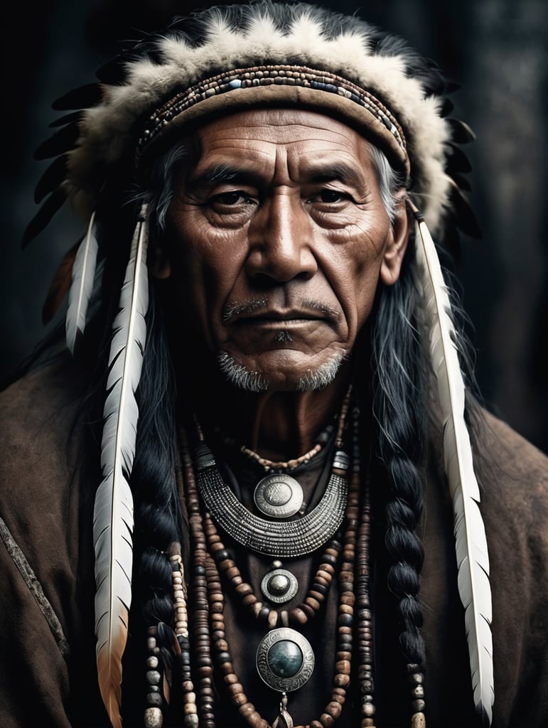 portrait, old western Native American Shaman, national clothing, dark scene, dark atmosphere, epic shot, sharp on details