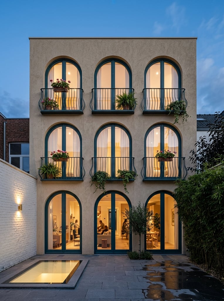 A contemporary beige stucco building facade features a symmetrical grid of large arched windows under a clear twilight sky. The upper stories display six arched openings framed in dark teal, accented by sheer white curtains and dark Juliet balconies with wavy railings holding potted plants. Below, matching arched glass doors reveal a warmly lit modern interior, opening onto a minimal gray paved courtyard with a flush rectangular glass skylight. The space is bordered by a white brick wall with a glowing sconce on the left and a bamboo privacy screen on the right, perfectly balancing cool dusk ambient light with warm architectural illumination.