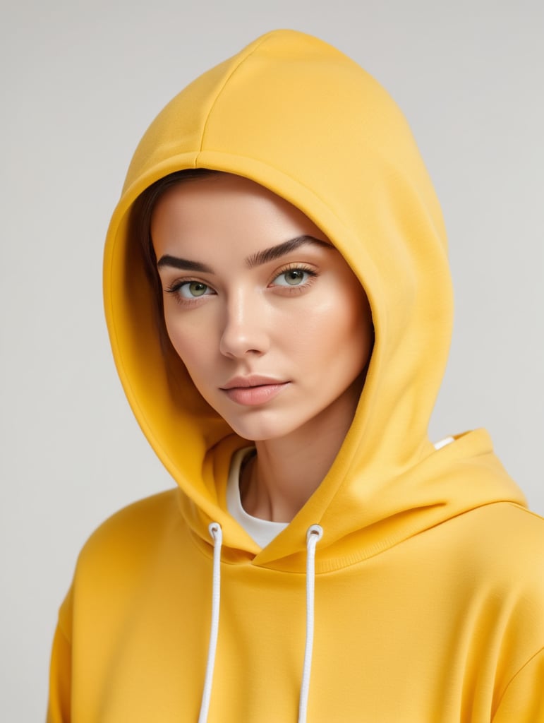 Portrait of a beautiful young woman wearing blank yellow hoodie, isolated, minimalism, mockup, mock up