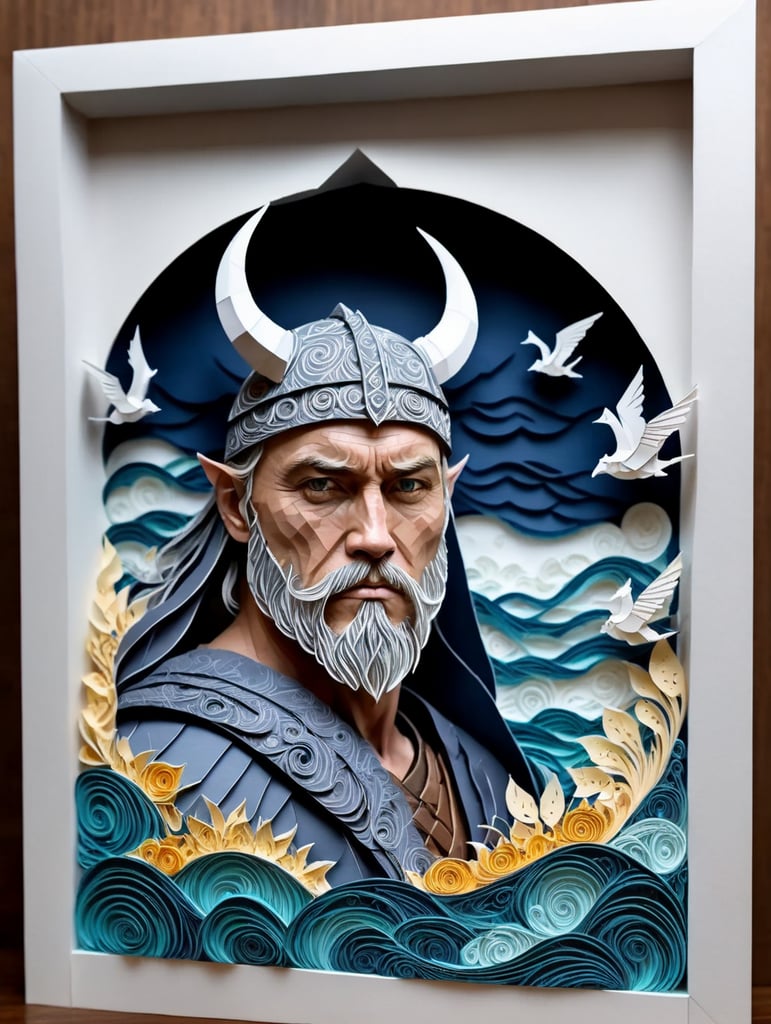 A portrait of viking warrior at the boat in the ocean, stormy weather