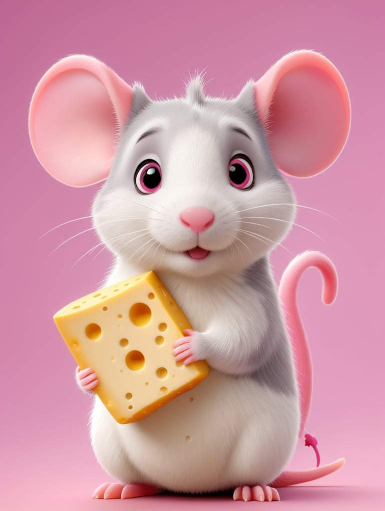 cute pink rat holding a cheese