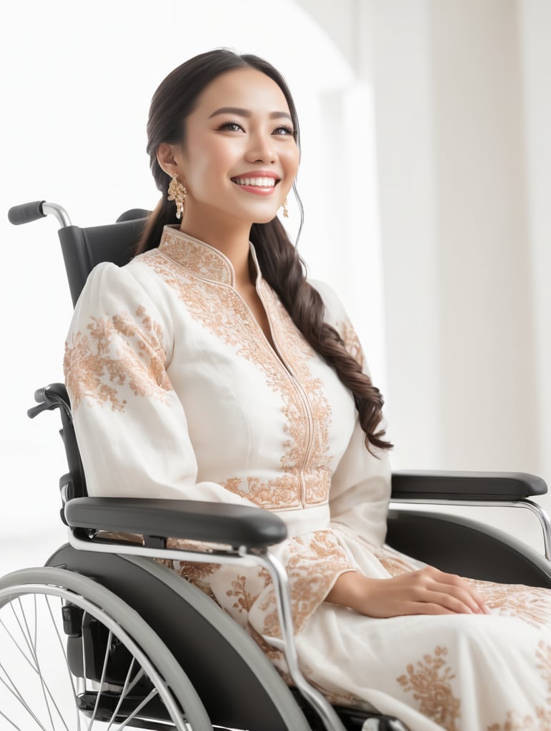 Low angle young happy woman in wheelchair, wearing traditional dress