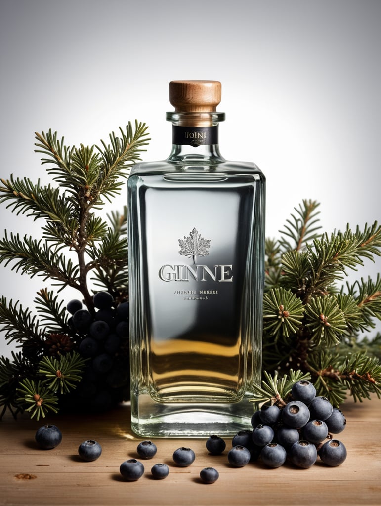 professional photography of a square gin bottle, square bottle, surrounding a juniper and juniper berries, one shot of gin in a front, no label, clear, mockup