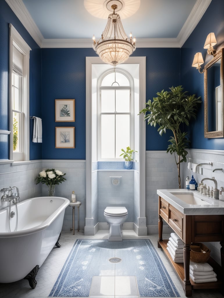 interior, bathroom in a victorian architectural style, clean modern design featuring blue and white color scheme, beautiful light