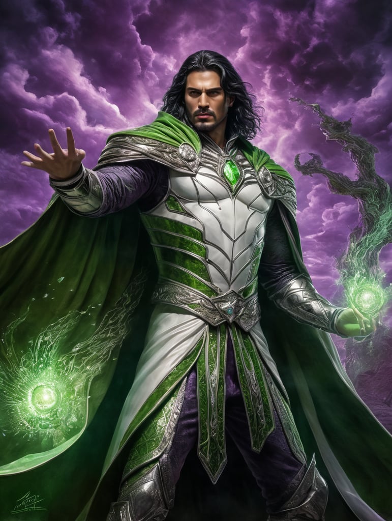 Young Sorcerer with long black hair in white and green leather armor and cloak about to release a blast of purple and green energy from his hand