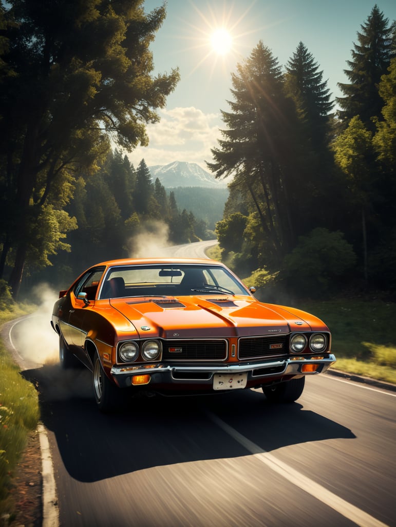 Photos of 70s cars, sideways, 70s feel, with sunshine