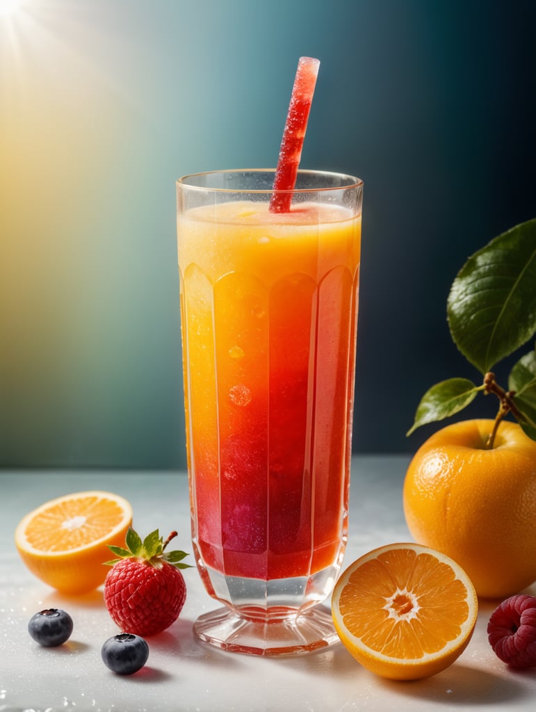 Translucent frozen juice stick on a stick, bright fluorescent color, Translucent frozen juice with small pieces of fruit frozen inside, a jelly-like substance, on a bright light background, professional shot, advertising shot, contrasting light, bright colors