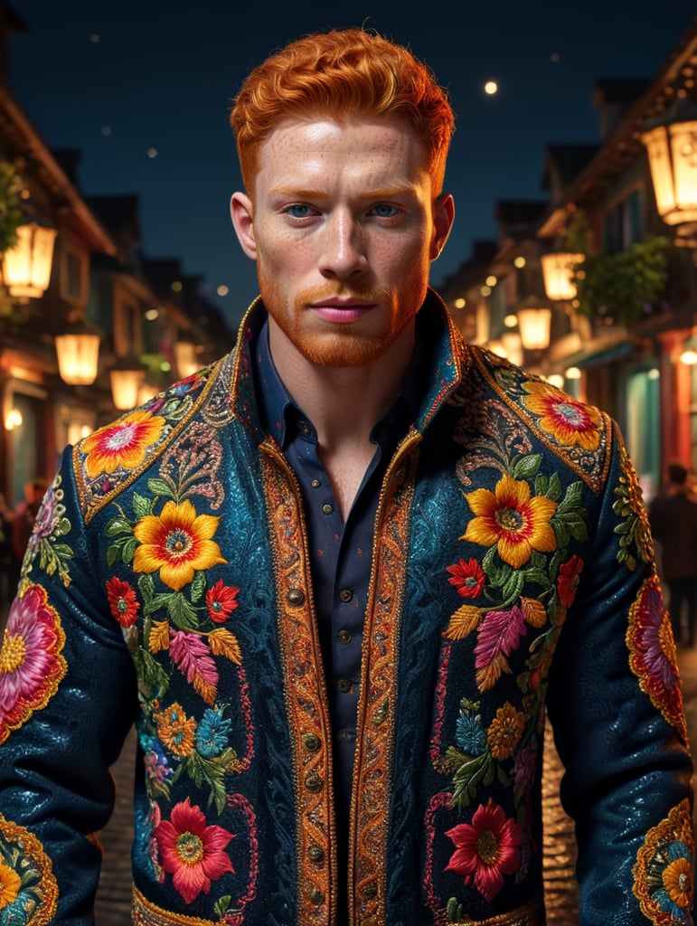 Beautiful ginger man with freckles, wearing a colorful, vibrant, detailed embroidered jacket, medium-full shot, at night