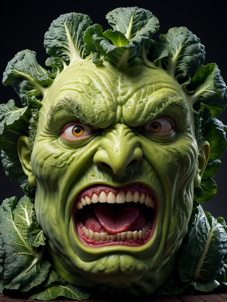 anthropomorphic evil cabbage with a huge head screams loudly, comic style, high resolution, hyperdetalization, photorealistic, high resolution