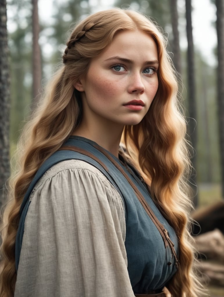 We live in 1910s Finland in a small village in Lapland. Our character is Selma, 22 years old. Selma, on the other hand, had inherited Father’s looks – angular and harsh. Selma had blonde hair, long and thick and wavy. She has grey eyes, almond-shaped. She is pale as most Finnish people are and has freckles. Many considered her ugly. She didn’t care. Picture Selma in a scene where her village is burning. Selma's wearing men's clothes because she's planning on escaping her family later that night, and men's clothes are handier for riding a horse. Selma's a very angry person, always looking cold and annoyed and harsh. She's poor, so her looks are ragged. Selma's quite tall for a woman, but still has some feminine curves. Don't make her pretty. She's very average-looking. Also, Selma is a witch. The backgroudn should be her village burning, and Selma should hold one small flame in her palm or fingers since she's a fire witch.