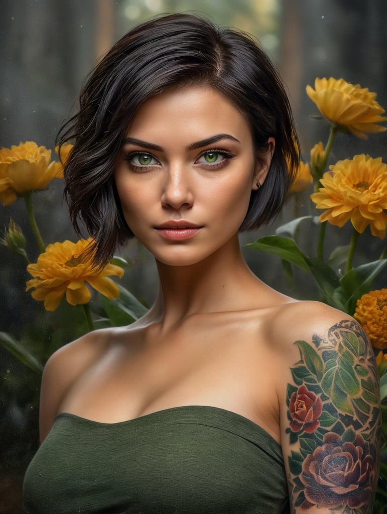 headshot lady with short dark pixy cut hair, green eyes, strapless shirt, tattoo on arm, realistic, smooth skin, flowers in the background, dark moody, mistcal, dramatic, in abstract painting style