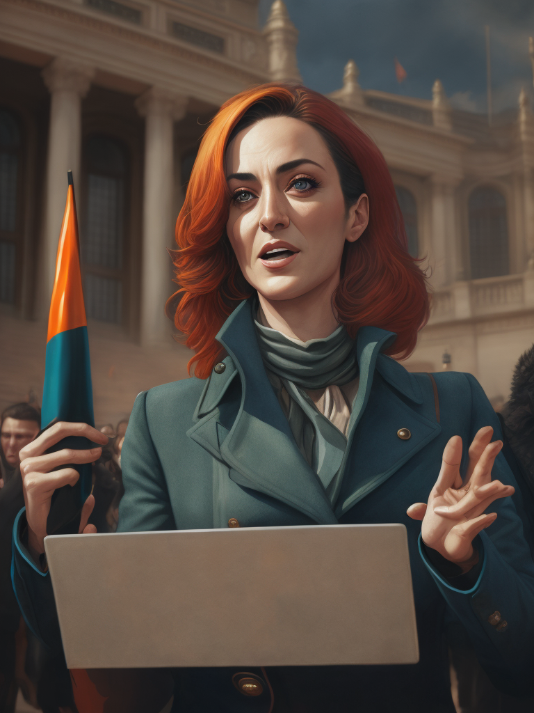 A photorealistic illustration of the Italian prime minister, Giorgia Meloni, making a speech in front of the Italian Parliament. She is speaking about the decision to leave the BRI, and the crowd is cheering in the background.