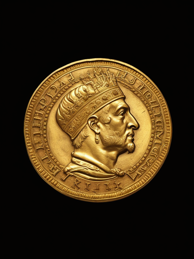 ancient gold coin with king, carved gold