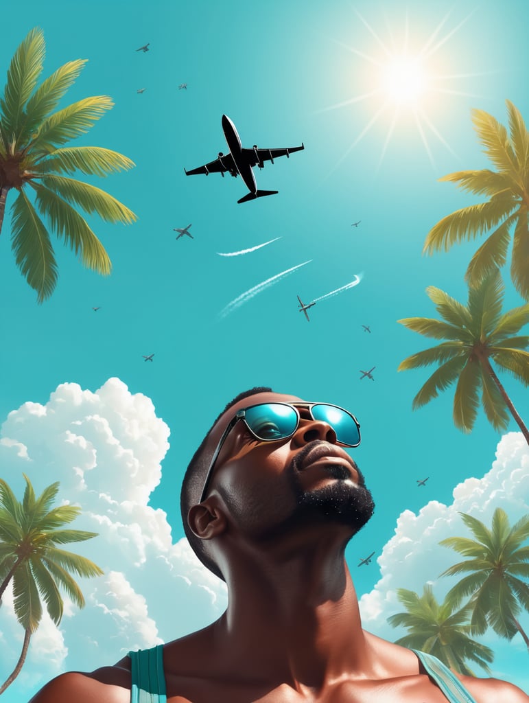 a black man raised his head up, looks at the sky, sunglasses, an airplane flies in a clear sky and leaves a mark, summer, turquoise shades, vector art