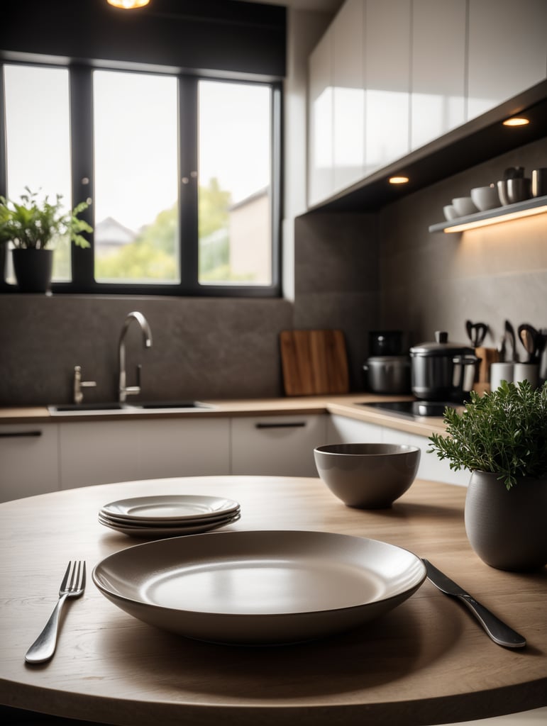 modern kitchen table, empty plate, mockup