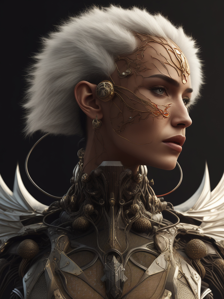 Complex 3d render ultra detailed of a beautiful profile angel, biomechanical cyborg, analog, 150 mm lens, beautiful natural soft rim light, big leaves and stems, roots, fine foliage lace, colorful details, samourai, boris bidjan saberi outfit, pearl earring, piercing, art nouveau fashion embroidered, intricate details, mesh wire, mandelbrot fractal, anatomical, facial muscles, cable wires, microchip, badass, hyper realistic, ultra detailed, octane render, volumetric lighting, red and white with a bit of black, detailled metalic bones, semi human, iridescent colors, glenn brown style, black background