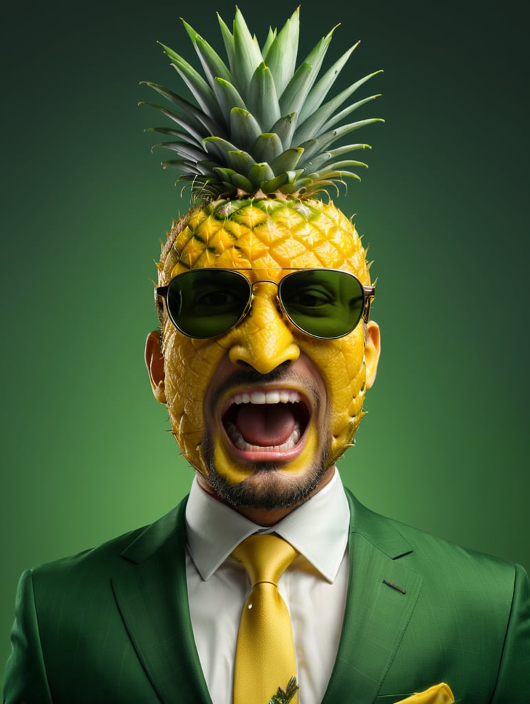 A man in a business suit with a pineapple for a head, green background, sunglasses, isolated