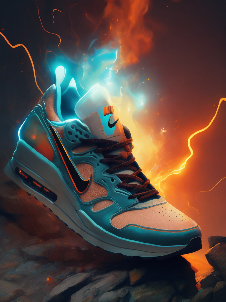 Illustration of a nike sports shoe in neon lights on a rock at night with moon light, bright and saturated colors, highly detailed, sharp focus, fashion magazine style