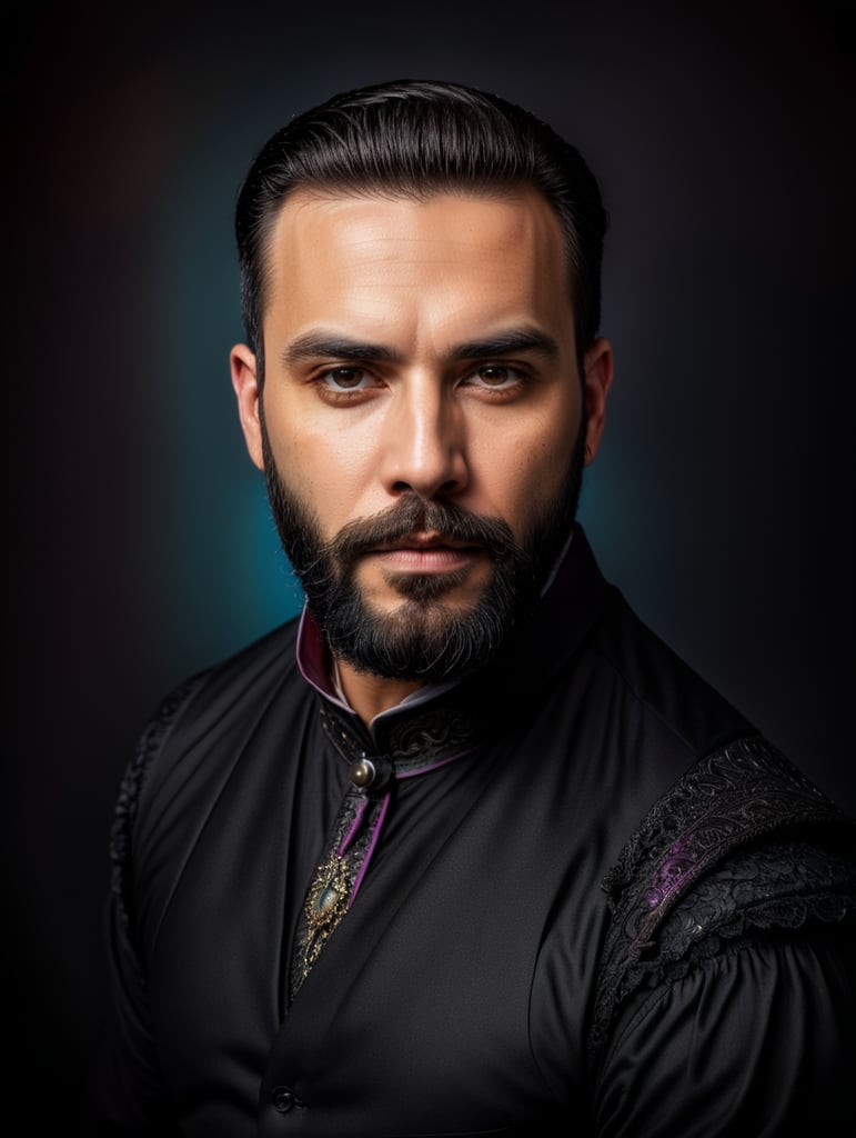 black beard, colorful background, gothic make up, hyperrealistic photo, no changes in reference image