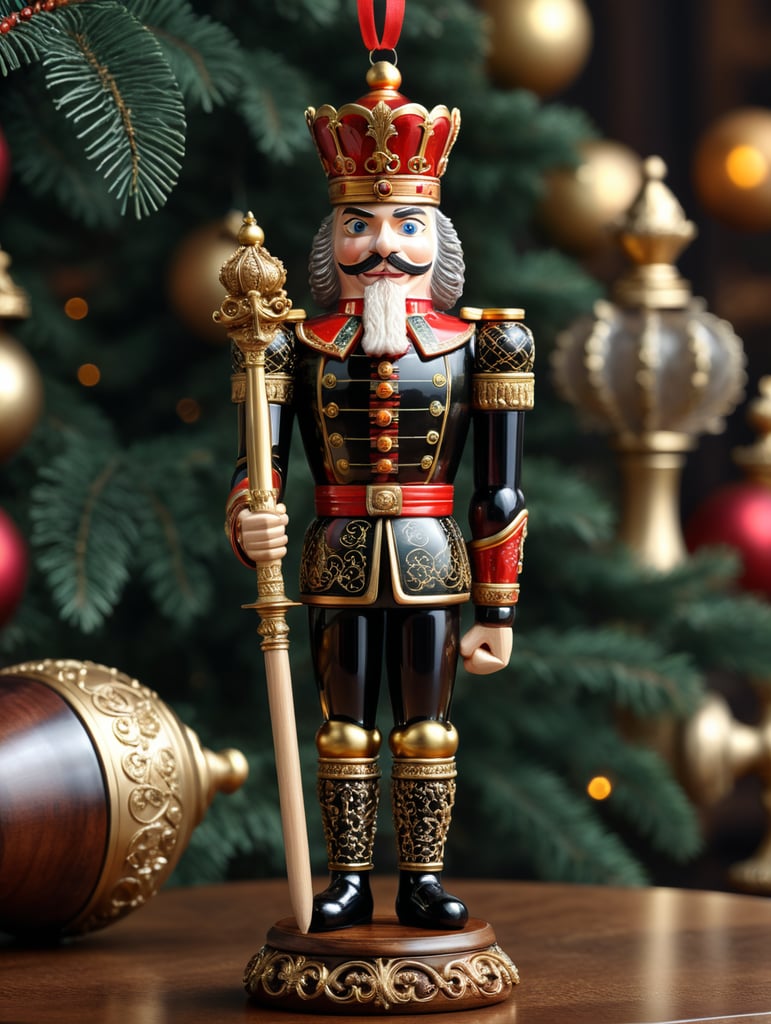 Festive Nutcracker Ornament in Glass, chess piece, King, elegantly carved wood fused with filigree metal design, stylish