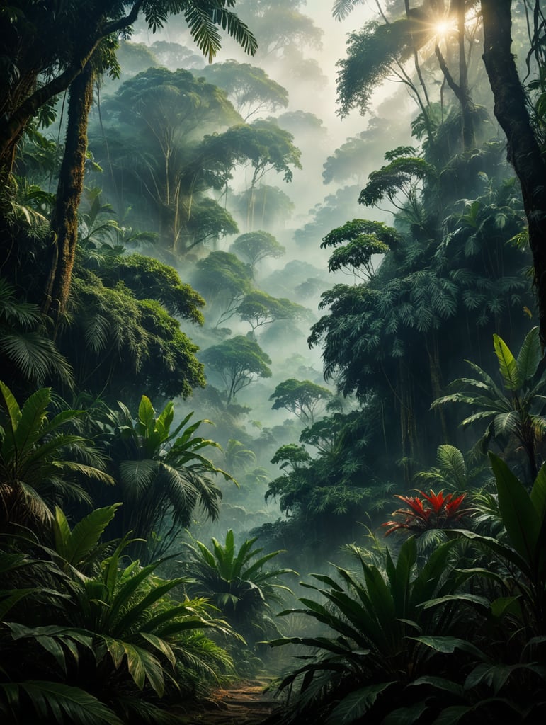 (((digital painting style))) Jungle with misty atmosphere, conceptual ilustration, digital painting effect, Dusan Markovic style, masterpiece, utra quality, extreme details