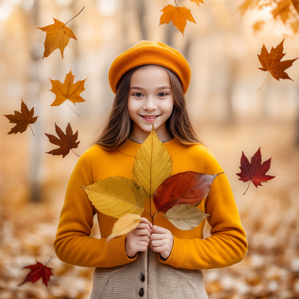 A girl holding autumn leaves and also leaves are falls in background