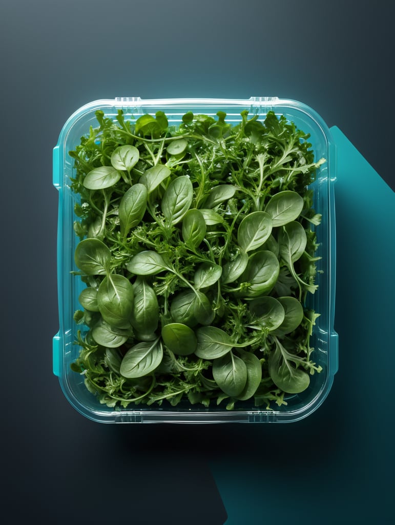 blank Transparent Plastic Container with Arugula Salad, isolated, cyan background, Mockup, mock up