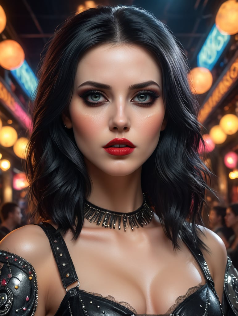 woman in her late 20's with straight black hair pale skin lots of messily applied makeup in a 90's makeup style. nightclub background. black eyes.