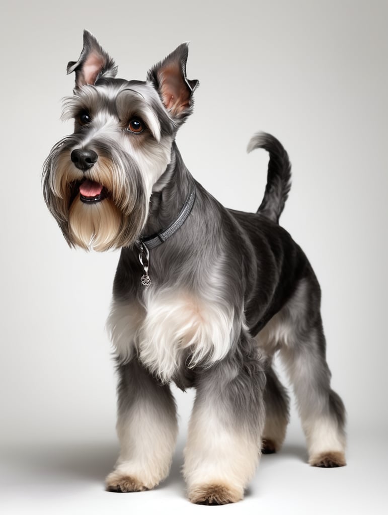 happy Schnauzer, [clean hair cut] competition side photo, [happy Schnauzer, [clean hair cut] competition side photo, standing on all fours, so you can see the clean hair cut, gray color, studio photo, white background, studio lighting, photo realistic. ar 6:4] standing on all fours, so you can see the clean hair cut, gray color, studio photo, white background, studio lighting, photo realistic. ar 6:4