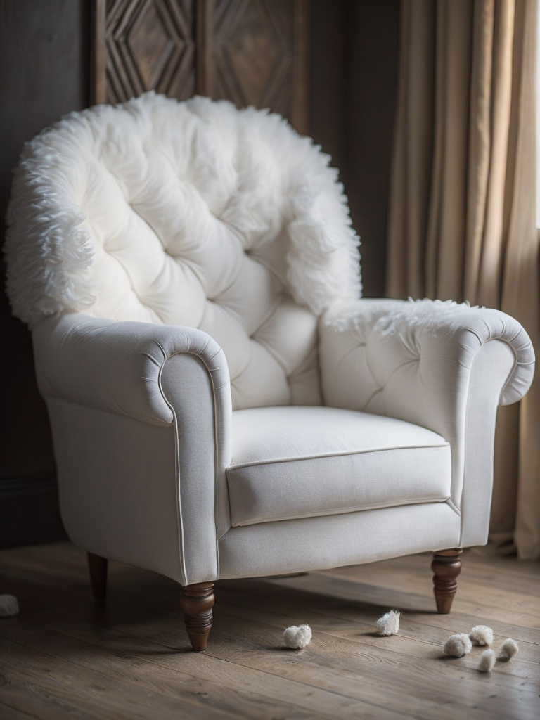 a white soft sheep chair, wood carved head and legs of the sheep, body is white wool
