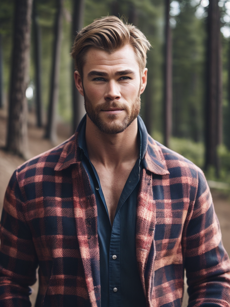 Portrait of Chris Hemsworth as a Canadian lumberjack, with a large beard and a plaid shirt, against the backdrop of a dense forest, bright saturated colors, Contrasting cinematic light