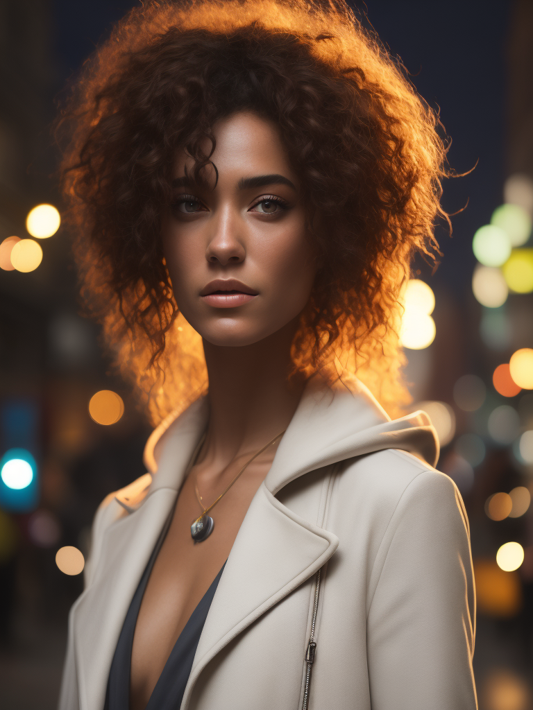 a feisty rebellious young woman in her early twenties, with tan skin, soft lush curly warm brown hair, and freckles, stands in a bustling colorful city at night. she is wearing a white outfit