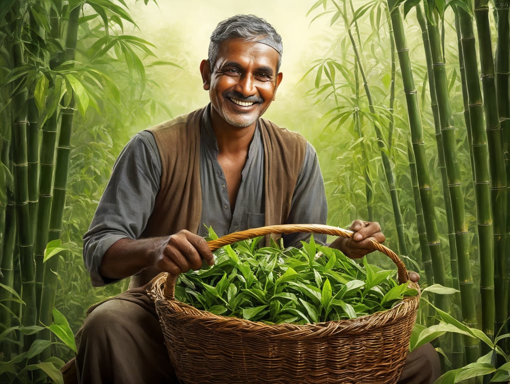 smiling Indian who looks like rahaman tea farmer holding green tea leaves in a bamboo basket in his hands, tea lover , farming life, tea harvest, tea leaves, tea plantation, fresh harvest, tea production, handcrafted tea, tea indulgence,