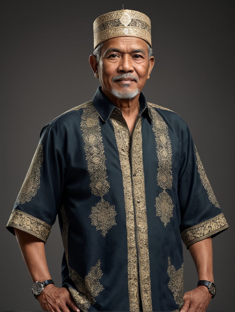 70 year old indonesian Muslim man, wearing songkok, wearing batik shirts , standing with full body