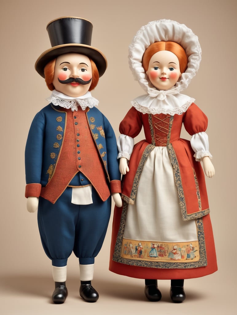 A pair of anthropomorphic dolls in the style of Dutch tradition, soft sculpture, historical subjects, Danish design, folklore theme, colorful caricature