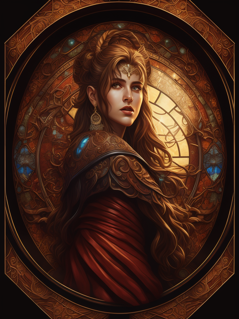 stained glass effect, zodiac sign, aries, woman, beautiful, mystical, reddish background, celestial style