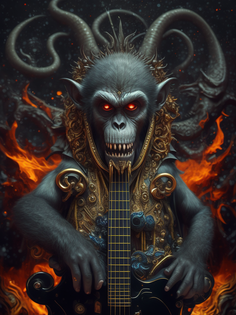monkey octopus demon playing a heavy metal guitar, made of fractal LSD and rococo DMT, in the style of iconic album covers, style of Robert Williams, Nychos, artofsickness666, extremely detailed, insanely detailed and intricate, hypermaximalist, high detail, concept art