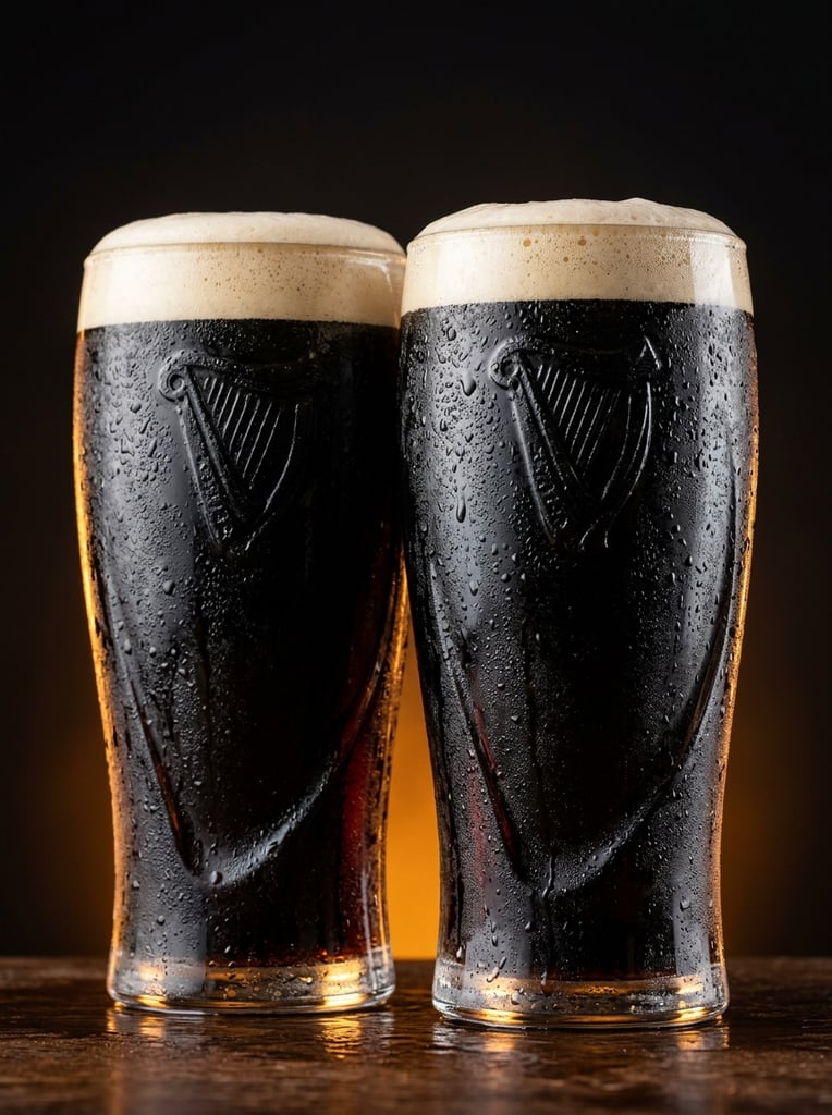 two tall tulip pint glasses filled with jet-black stout beer, thick creamy white foam heads, heavy condensation and fine water droplets coating the glass exteriors, sweeping embossed curved ridges molded into the glass surfaces, macro product photography, warm glowing amber backlight illuminating the glass bases, smooth gradient fading into a deep solid black background, sharp edge lighting reflecting off the moisture, photorealistic, rich high-contrast lighting