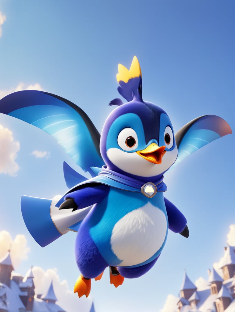 cartoon penguin dressed in superhero costume, flying through the sky, morning light