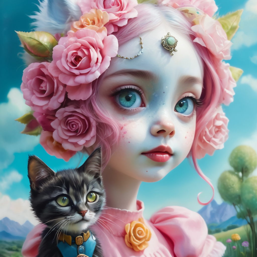 I have discovered a new artist named Tim Burton. I am in love with her work! This is my attempt at something like hers, pop-surrealism, technicolour, a little funny looking pretty kitten wearing a raggedy straw hat, and tattered trousers, holding a very long walking street, walking down a long path towards his dreams holding the hand of his little friend, both are walking and looking towards the camera, summer sky, puffy clouds, Photogenic delight, pretty rose garden background with mountains in the distance, wet brush, splash art, watercolour, cool colour realistic rendering